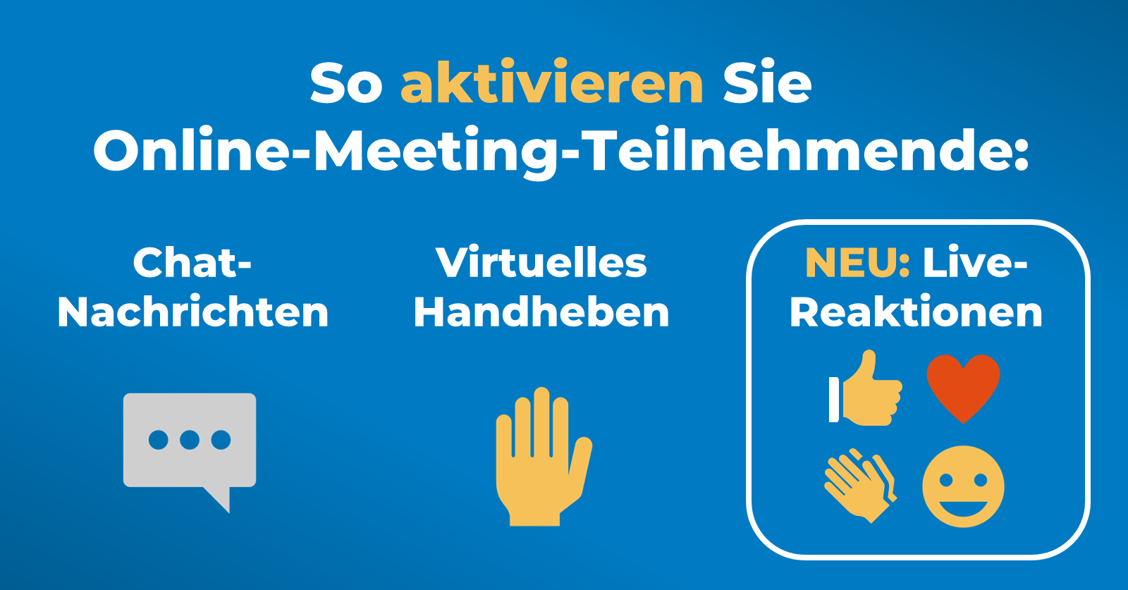 Was ist neu in Microsoft Teams - Live-Reaktionen - Grafik mit 3 Aktivierungsmöglichkeiten für Online-Meetings: Chat, Handheben und Live-Reaktionen