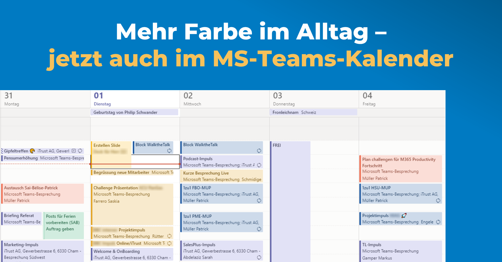 Was ist neu in Microsoft Teams: Farbanzeige im MS-Teams-Kalender - Screenshot von Kalender